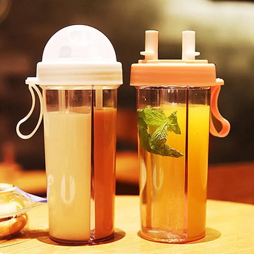 Large-Capacity Double Straw Water Bottle Portable Couple Drinking Tumbler Gift for Friend 420ml/600ml Outdoor Double Sippy Cups