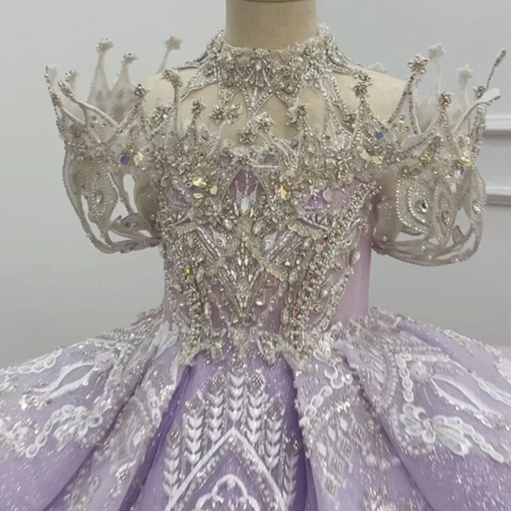Customized Purple Flower Girl Dress With Turtle Neck Half Sleeve Floor Length Beaded Crystal Detailing For Wedding Gown