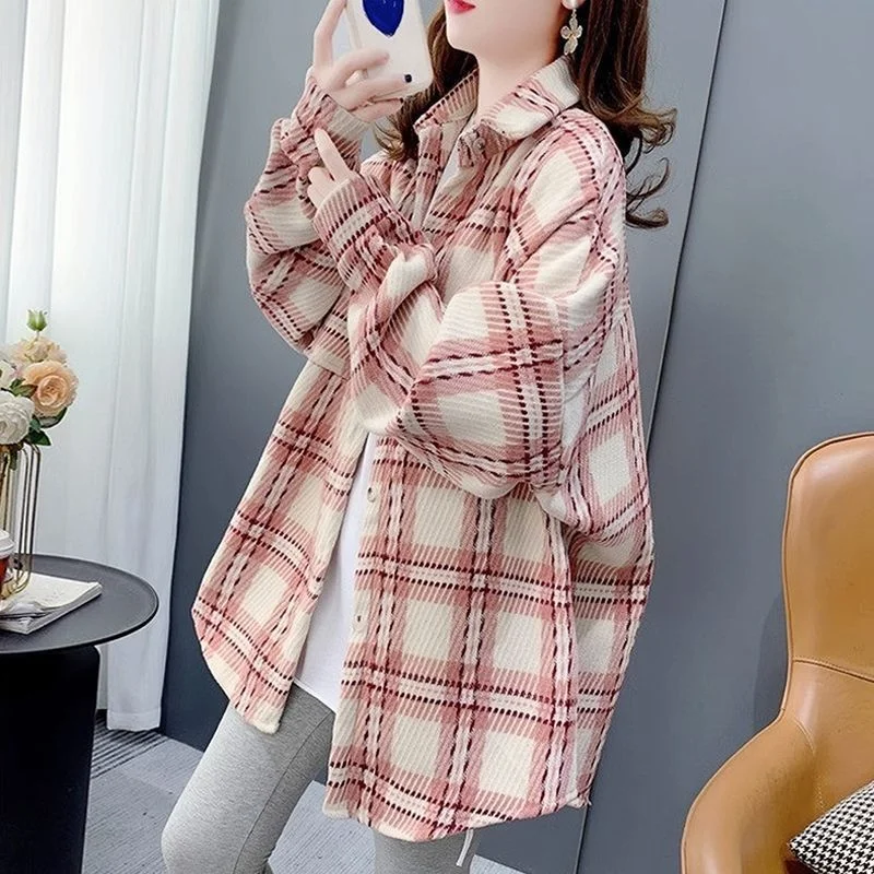 

Long-sleeved Grinding Plaid Shirt Spring and Autumn Women's Retro Jacket Loose Top