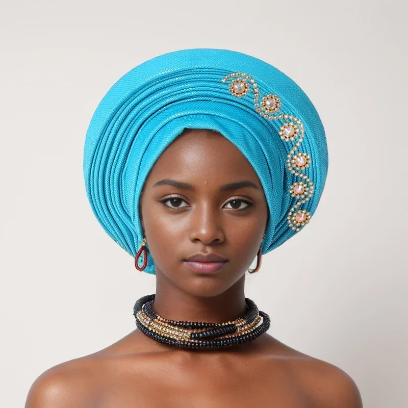 

Nigeria Head Ties with Diamonds Already Made Auto Gele Solid Women Head Wraps for Wedding Party 2024 New African Headtie Turban
