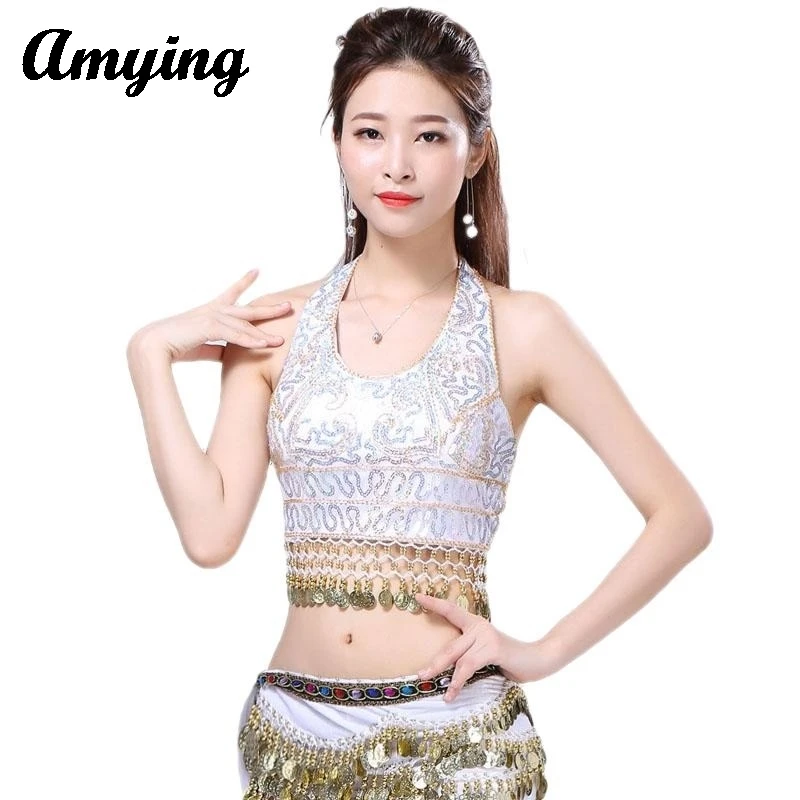 

2024 Sexy Stage Tassel Wrap Chest Top Women Belly Dance Bra Top Sequin Stage Performance Costume Ladies Shiny Hang Coin Bra Top