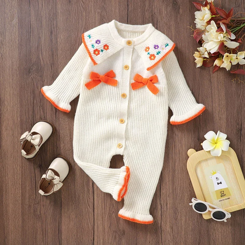 

Newborn Baby Rompers Knitted Infant Girls Jumpsuit Long Sleeve Autumn Toddler Kid Clothing Fashion Bow Ruffles Embroidered 0-18M