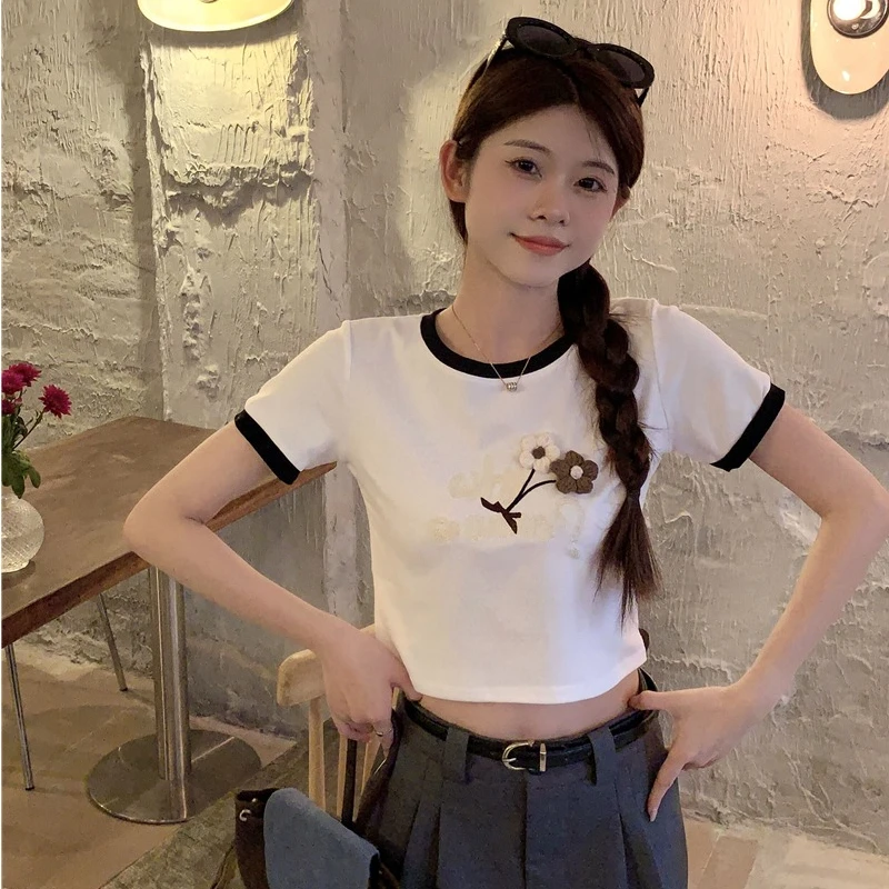 Three-dimensional Flower T-shirts Women 2024 New Spring O-neck Color Collision Short-sleeved Sweet Versatile Short Tops Female