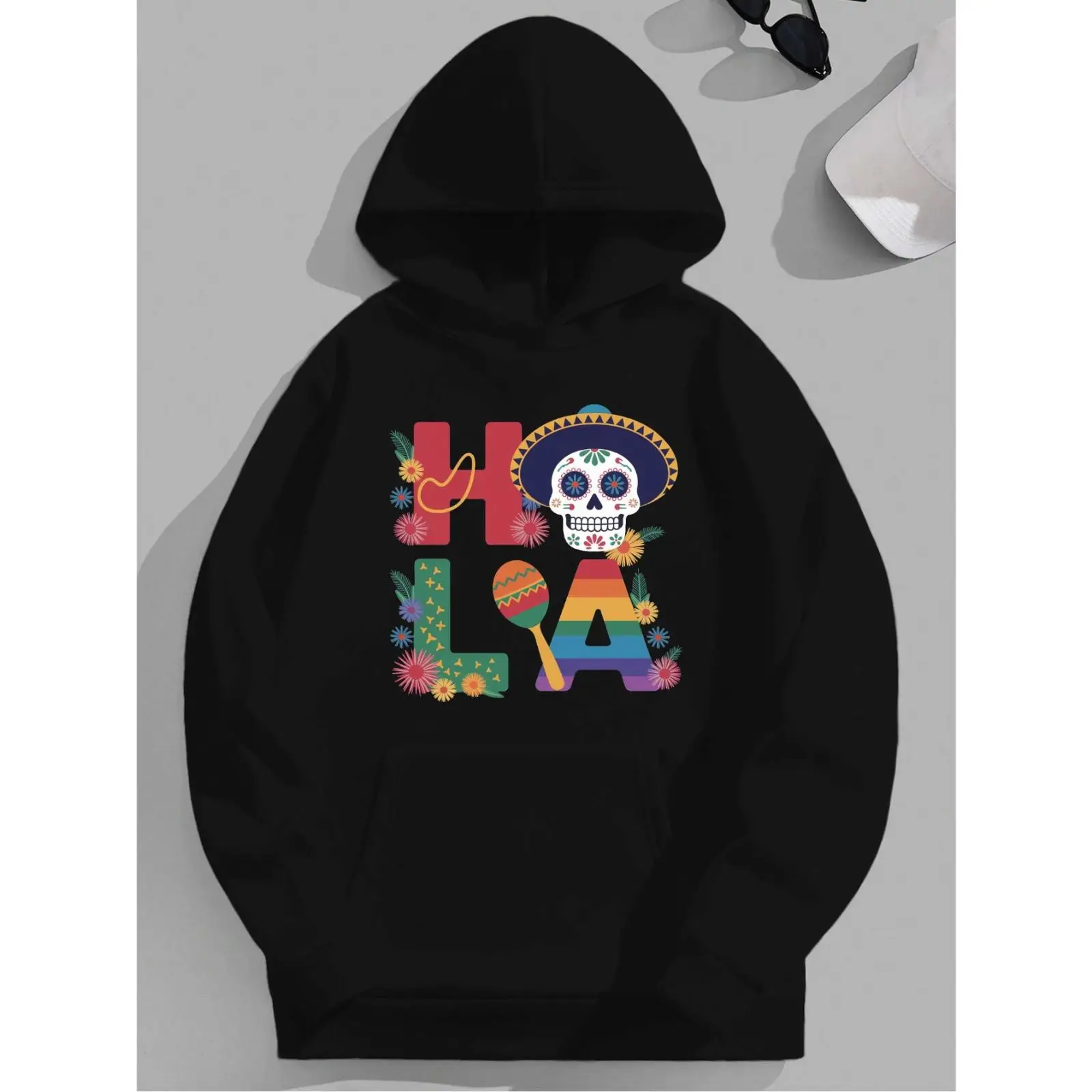 

Hola Hoodie Mexican Sugar Skull Floral Print Sweatshirt Unisex Oversized Casual Pullover for Cinco de Mayo Party