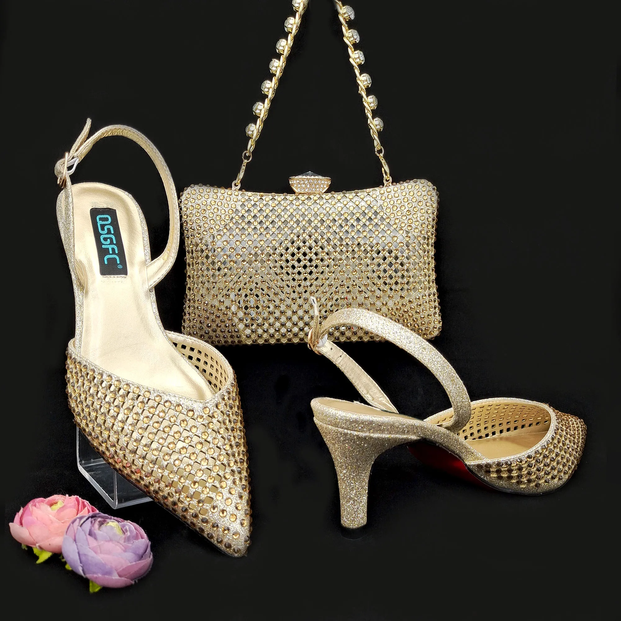 African Shoe and Bag Set Italian Design Gold Shoes and Matching Bags for Royal Wedding Party