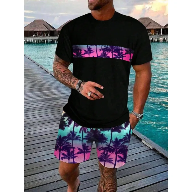 2025 Fashion Summer 3D Hawaiian Coconut Printed Men's Set Street T-shirt Shorts Two Piece Set Short Sleeve Breathable Sportswear