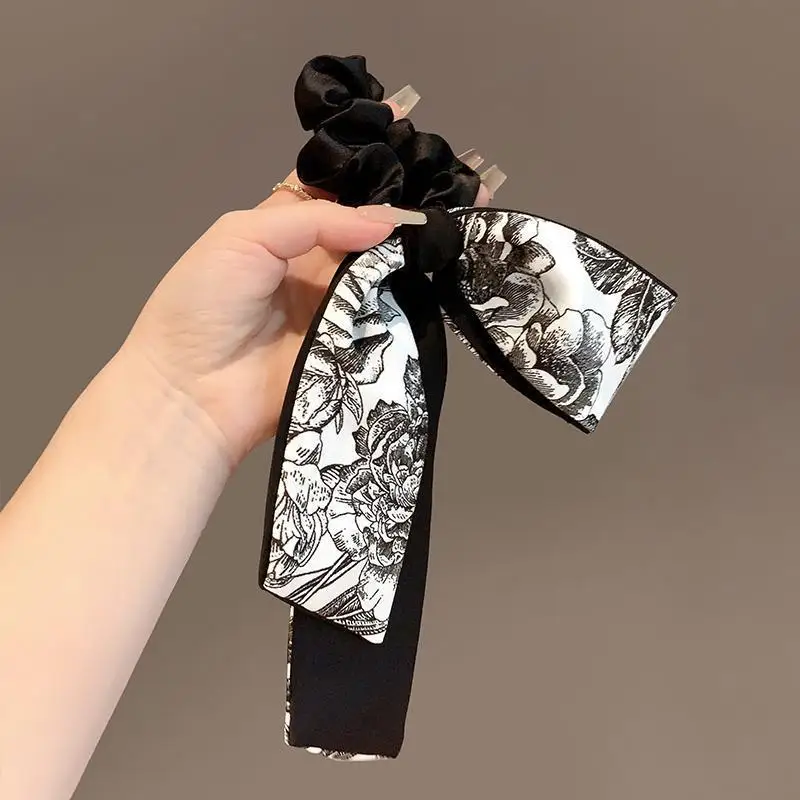 New Chinese Ancient Style Ink Printed Bow Hair Bundle Elegant Ladies Satin Ribbon Hair Rope Ponytail Headdress Hair Accessories