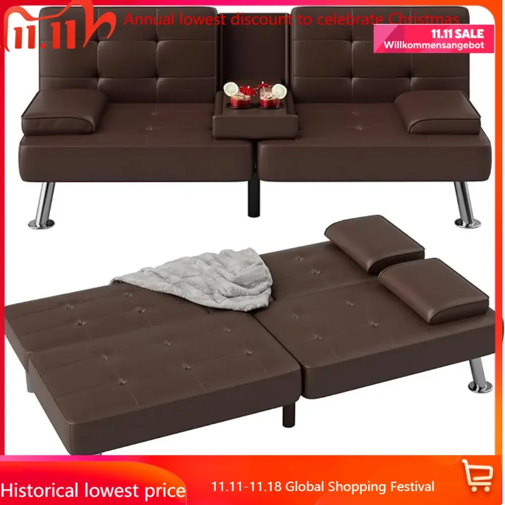 Futon Sofa Bed Modern Folding Futon Set Convertible Recliner Lounge for Living Room with 2 Cup Holders, Removable Armre