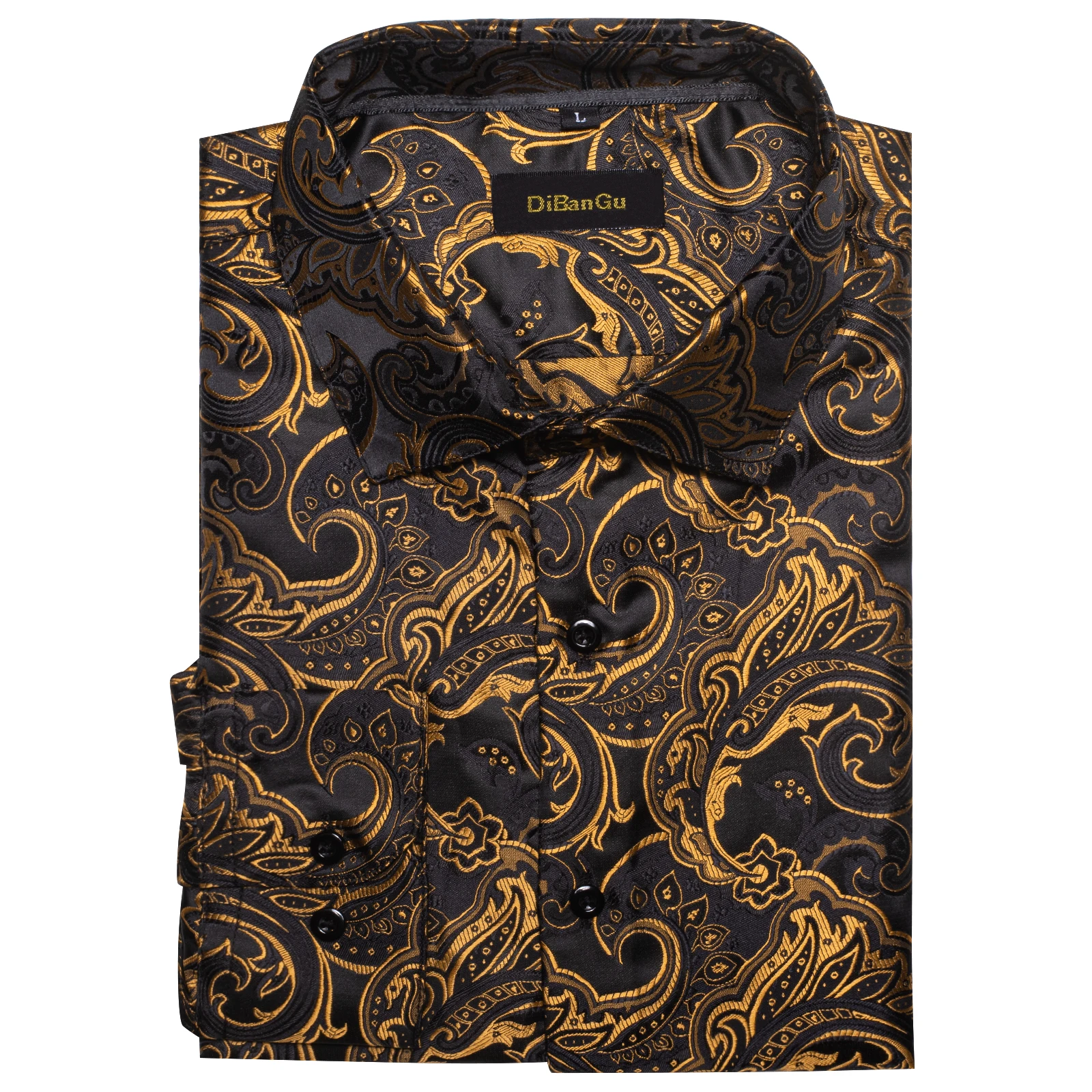 Luxury Men Dress Shirt Formal Prom Tuxedo Long Sleeve Silk Polyester Golden Color Paisley Black Shirts Blouse Men Clothing