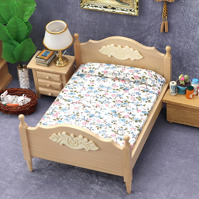 1:12 Dollhouse Miniatuur Houten Slaapkamer Dubbele Bed Europese Simulatie Meubels Model Scene Poppenhuis Decor Accessoires