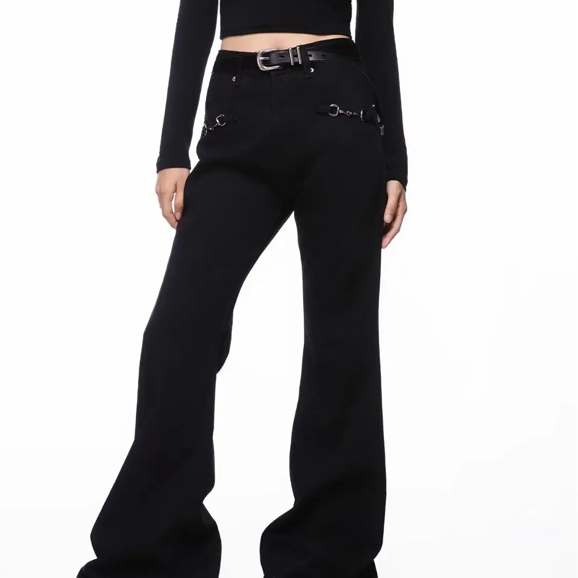 Women  American High Street Black Denim Pants Metal Buckle Design Loose Straight Floor Length Casual Jeans 2026 Trendy Trousers