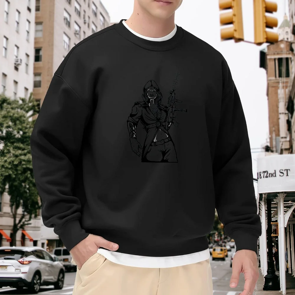 

Men's Black Crew Neck Loose Sweatshirt, Trendy Character Print Top, Everyday Street Casual Versatile Style, Comfortable, Breathable, Fashionable Item