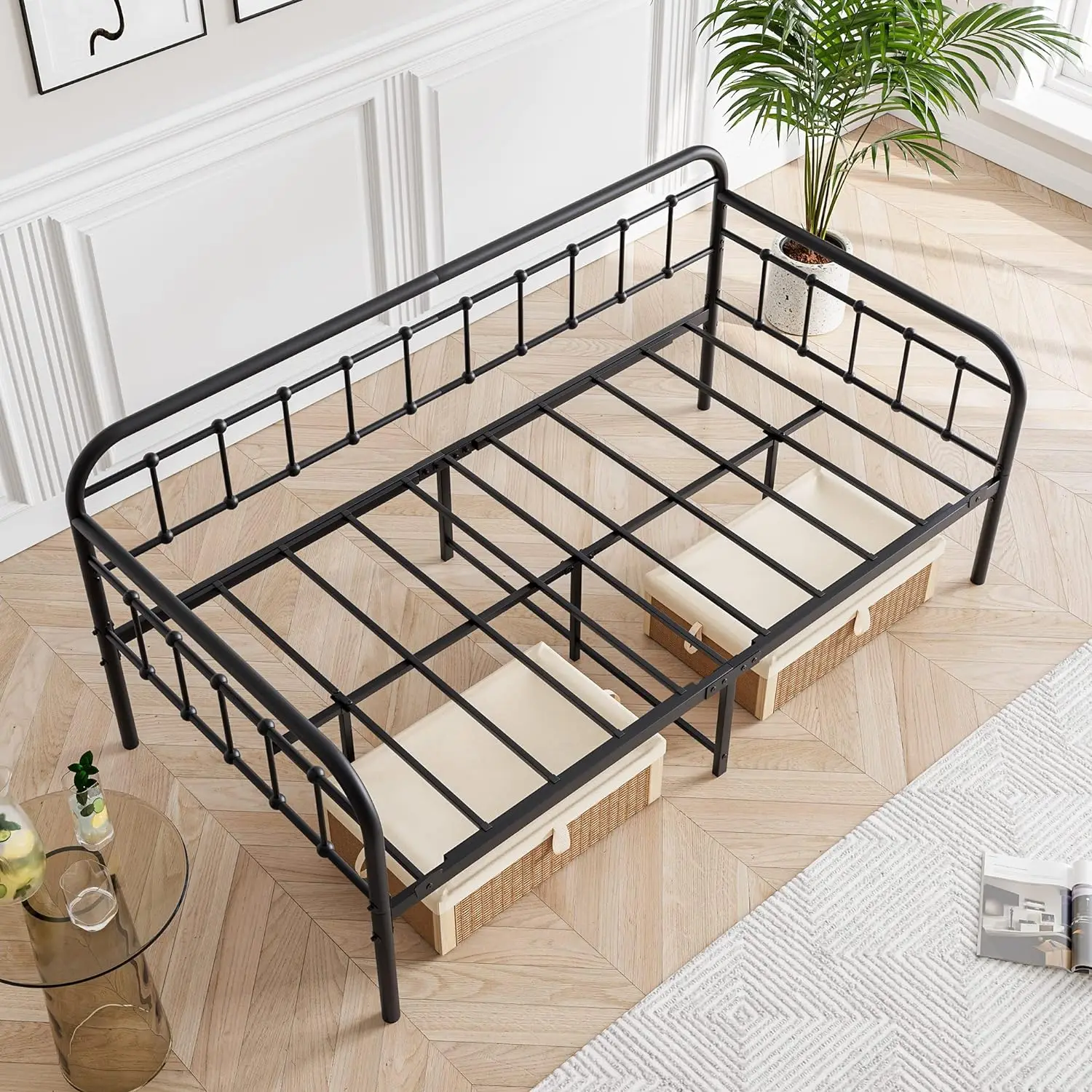 Metal Daybed Frame com aço plataforma slats, mobiliário tamanho duplo, preto