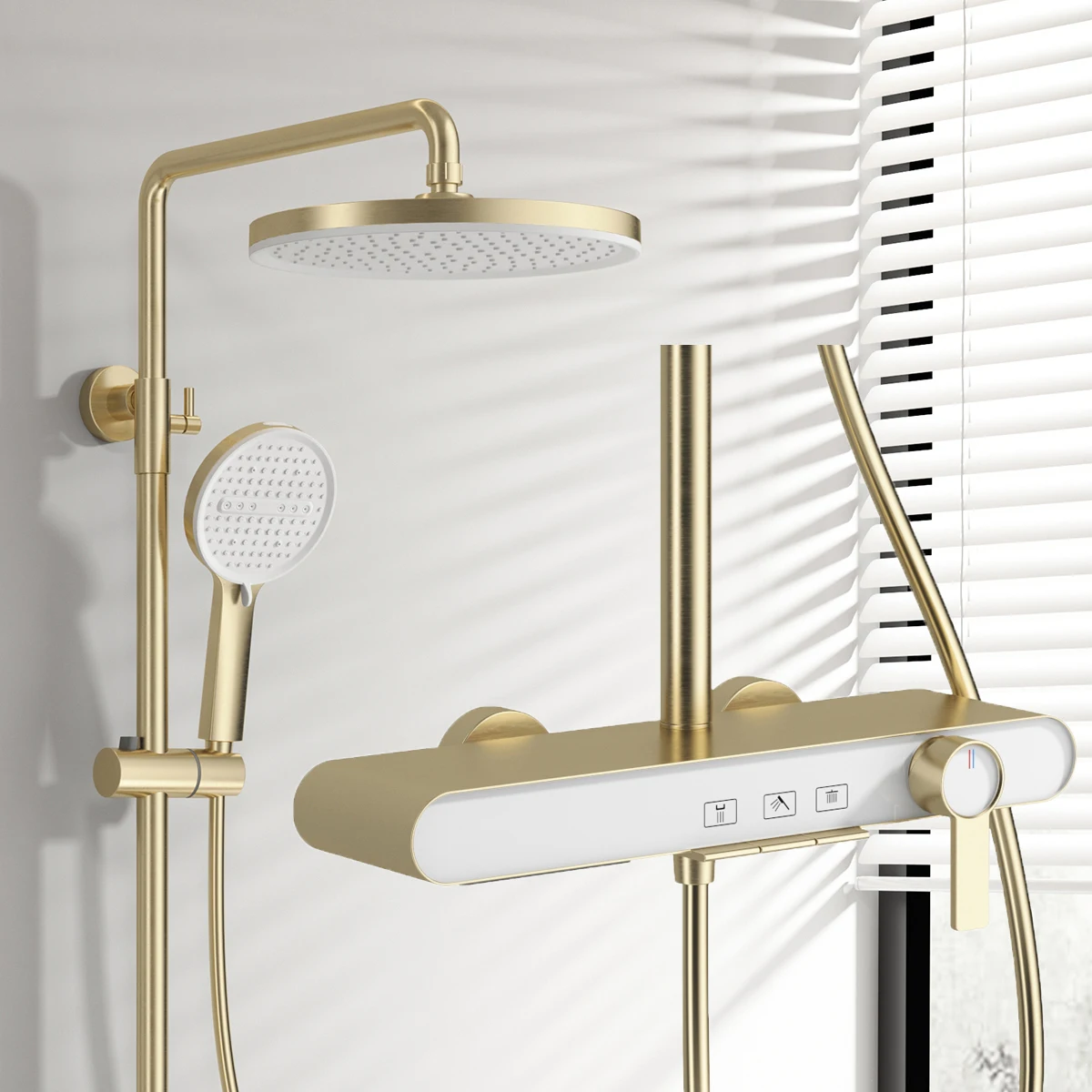 

Hot Cold Bathroom Shower System Faucets 12 Inch Round Rain Shower Head Brushed Rose Gold Hot Cold Waterfall Bathroom Shower Set