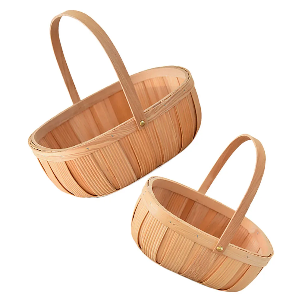 

2Pcs Hand Woven Wooden Basket Woodchip Handle Large Capacity Fruit Vegetable Picnic Bread Storage Organizer Rustic Home Kitchen