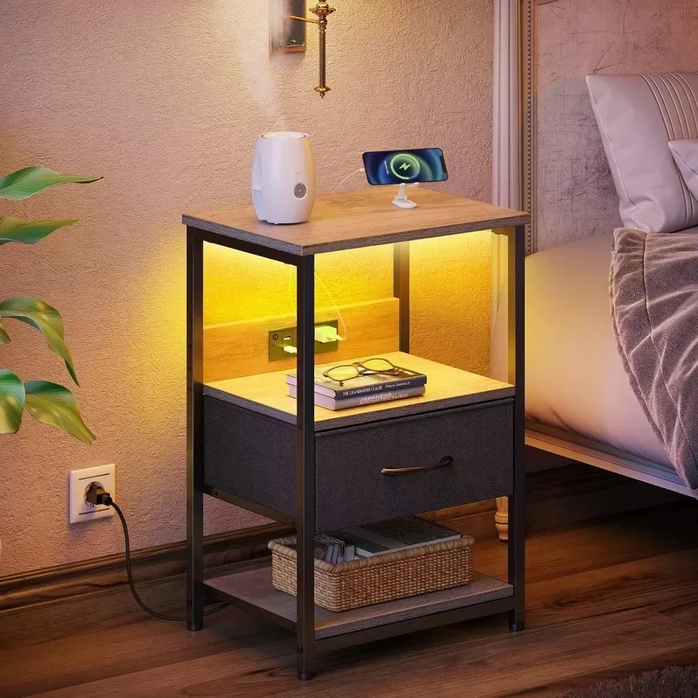 Nightstand with Charging Station, LED Bedside Table with Adjustable Fabric Drawer, Night Stand w/ Storage, 3-Tier Bed Side Table