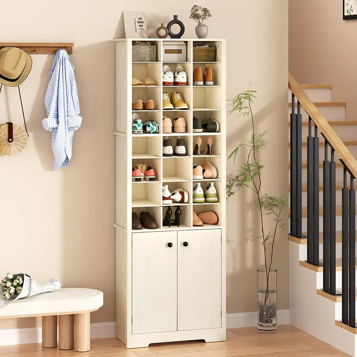 72'' Beige Tall Shoe Cabinet, Freestanding Tall Shoe Rack with Bottom Cabinet, 8-Tier 24 Cubbies Wooden Shoe Storage Organizer
