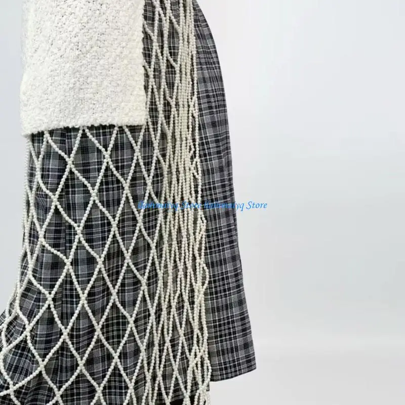 573B Elegant Imitation Pearls Embellished Skirt With Intricate Openwork Designs