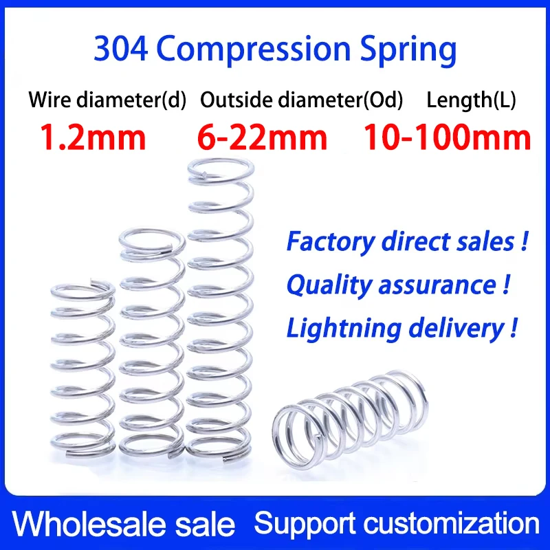 스테인레스 스틸 마이크로 소형 압축 용수철, OD 7, 8, 9, 10, 11, 12, 13, 14, 15/16 ~ 22mm 길이 5mm ~ 100mm, 10 개/로트, 1.2mm