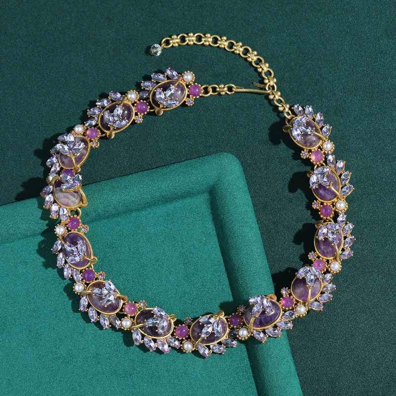 Vintage Violet Three Leaf Flower Purple Jewelry Sets For Women 18k Gold Plated Necklace Earrings Brand Designer Trendy Gift New
