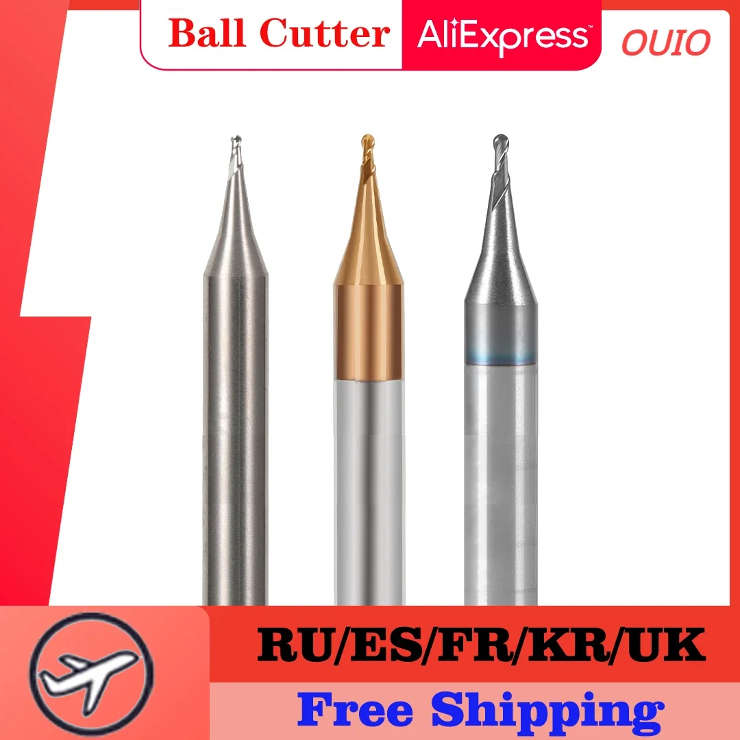 OUIO 2 Flute HRC60 Micro Ball End Mill Tungsten Carbide Flat 4mm Shank Milling Cutter CNC Engraving Bit R0.1-R0.45mm Ball Mill