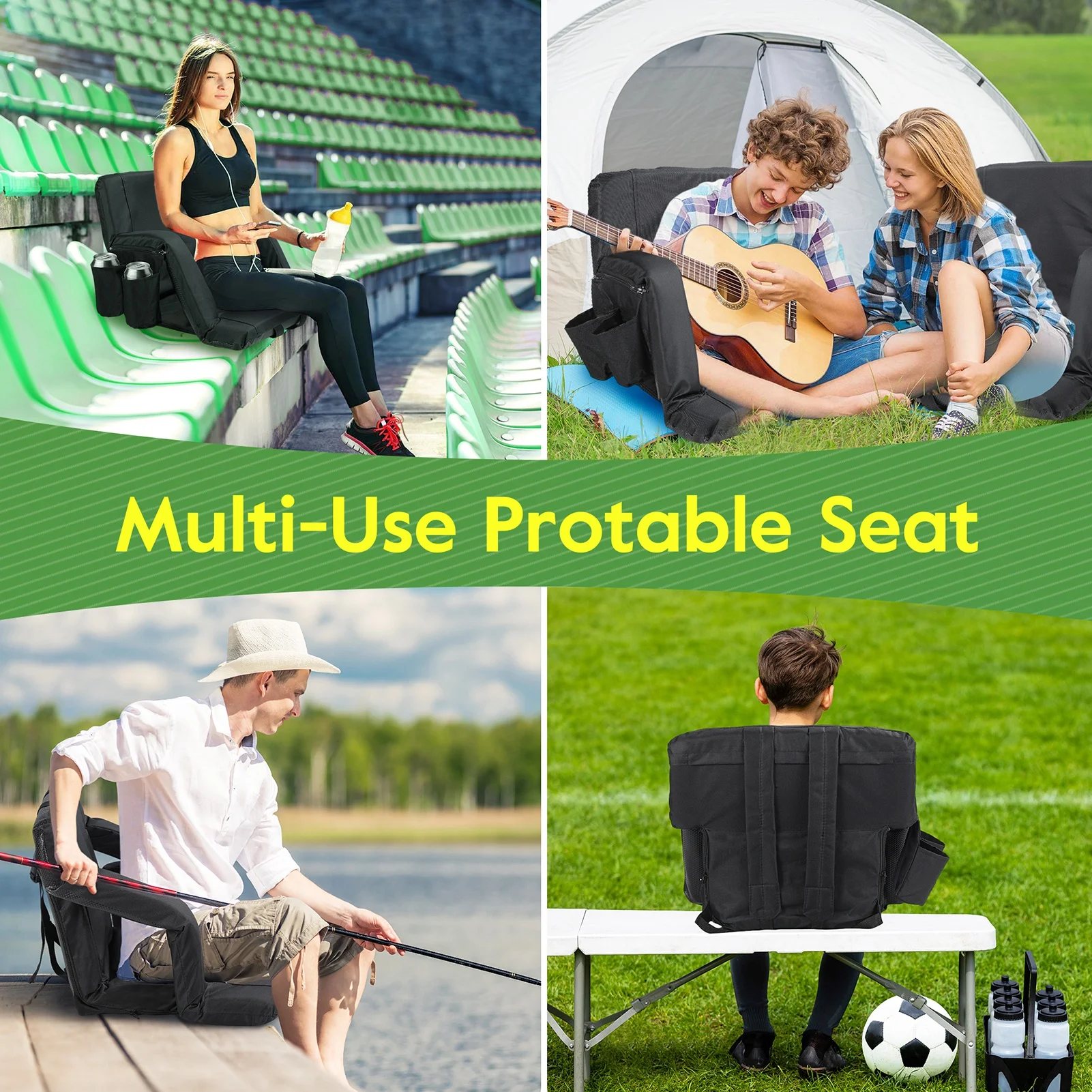 

Stadium Seat with Back Support Wide Bleacher Seat Backs Folding Padded Cushion Stadium Chair Portable Reclining Chairs