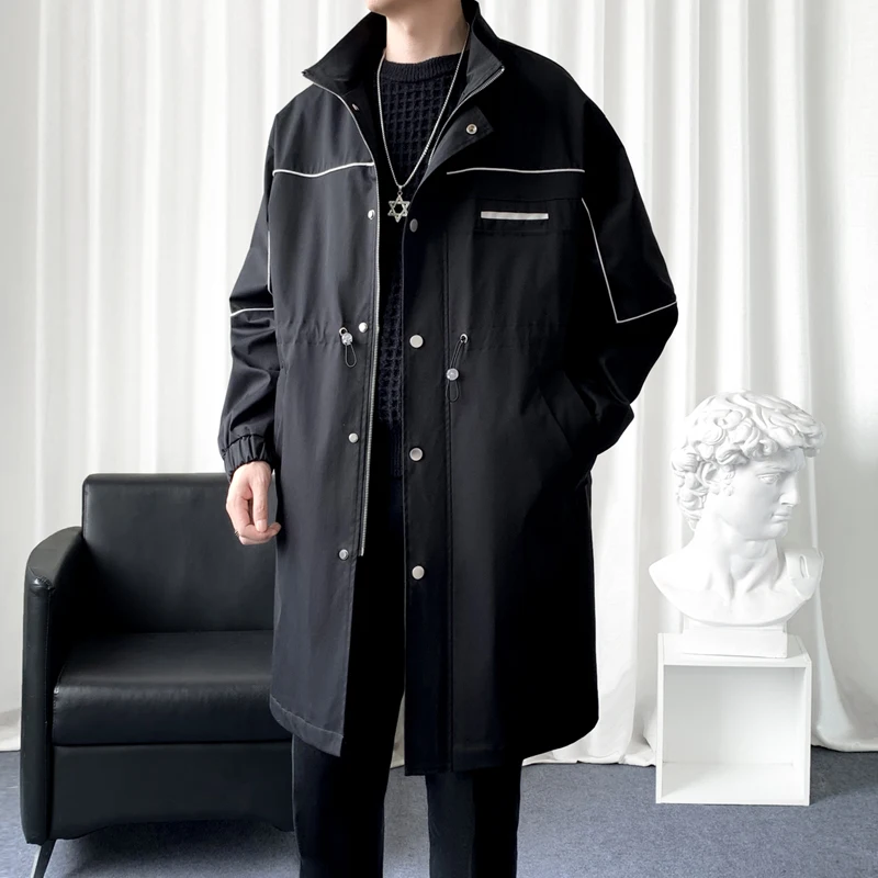 Men's Stand Collor Long Trench Coat Winter Thick Cotton-lined Casual Outerwear Loose Overcoat Single Breasted Male Windbreaker