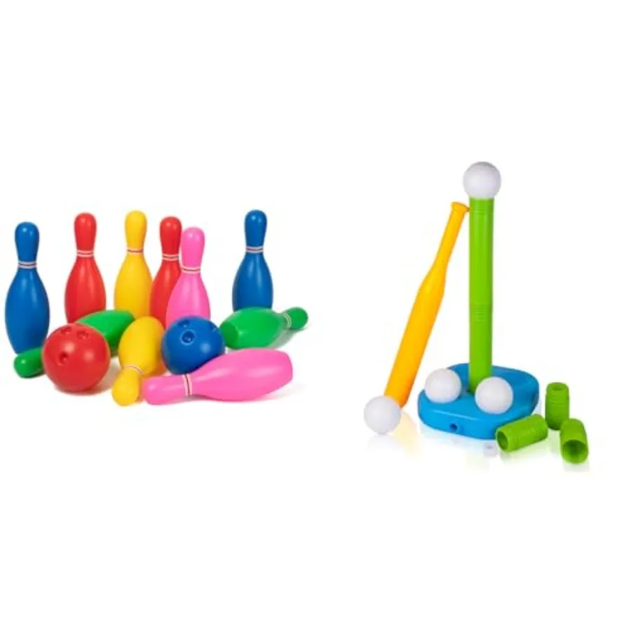 

Toddler bowling and T-ball set for 2-4 year old boys and girls, plastic and wood materials, multicolor, lightweight and safe de