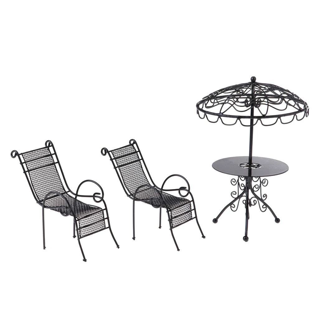 1/12 Miniature Tables Chairs Leisure Outdoor Garden Scene Model Metal Table and Chair Model Gift Black