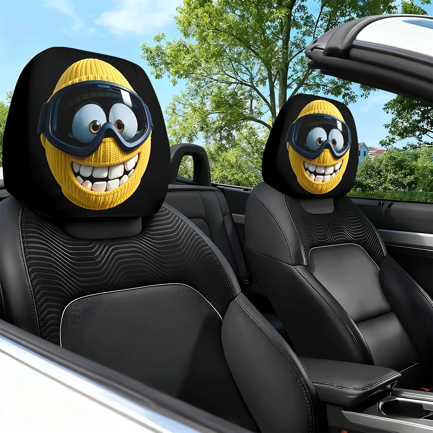2Pcs Yellow Knitted Hat Ski Goggles Cute Expression Theme Car Seat Cushion Headrest Neck Pillow Cover