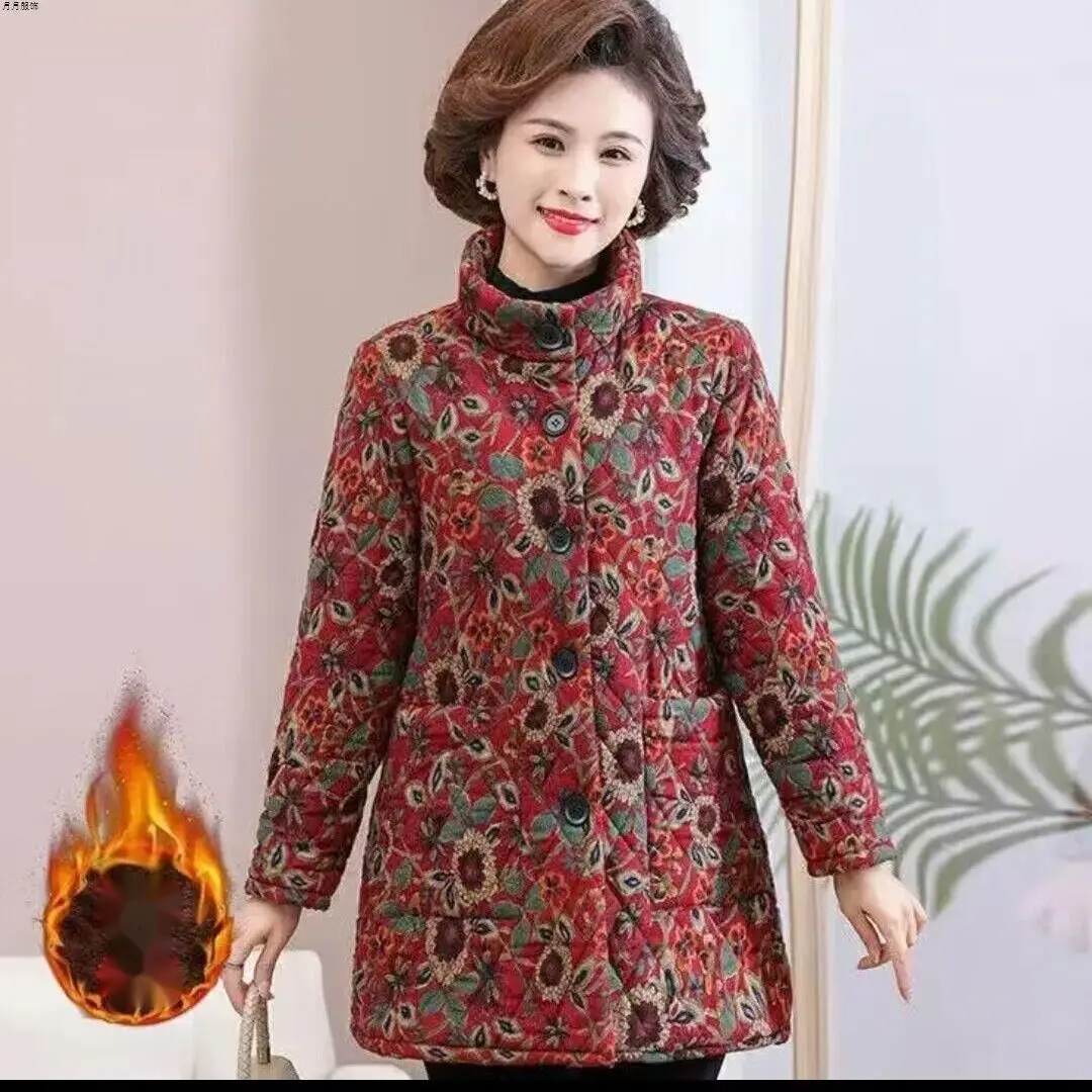 フリース裏地付き厚手冬用暖かい綿ジャケット中高年母親向けの新しいスタイルスタンドカラーフローラルプリントコート