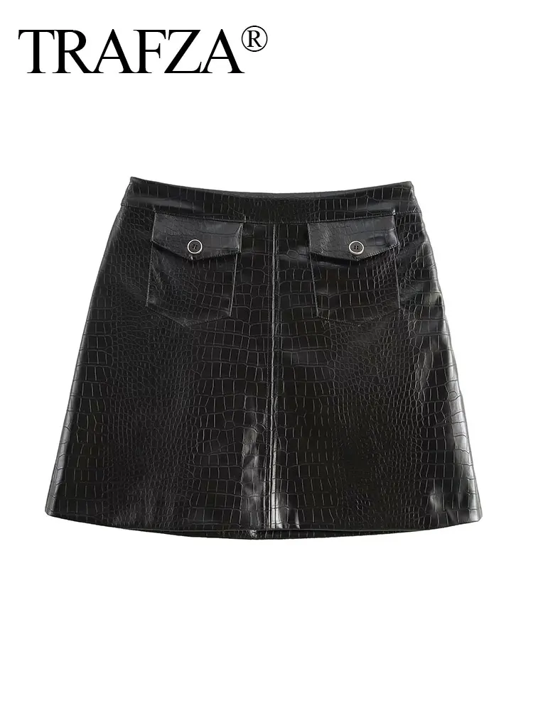 TRAFZA Women's Chic Embossed Mini Leather Skirt Summer Retro High Waist Pocket Zipper Decoration Sexy Women's A-Line Skirt