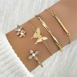 Vintage Gold Color Cuff Bracelet Set of 4 Stainless Steel Butterfly Bracelet Combination Fashion Elegant Bracelet Jewelry Gifts