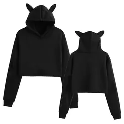 Women Long Sleeve Hoodies Casual Plus Size Pullovers Cat Ears Hoodie Solid Crop Top Black Sweatshirts Female Clothes