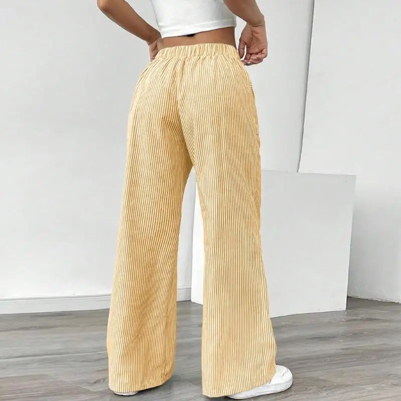 レディース ワイドレッグ ストライプ ドローストリング ローライズ カジュアル ルーズ パンツ ポケット付き F3MD