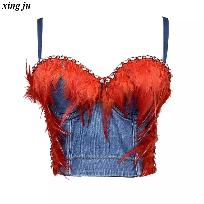 

Xing Ju Nightclub Blue Backless Denim Feather Tops Women Stage Dance Costume Streetwear Sexy Diamonds Vest Singer Hot Girl Wear