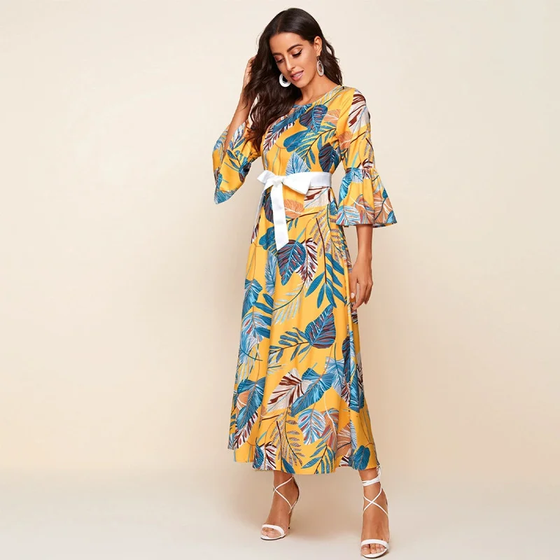 European and American Women's 2023 Spring/summer Bohemian Printed Round Neck Flare Sleeves Dress in Stock Vestidos