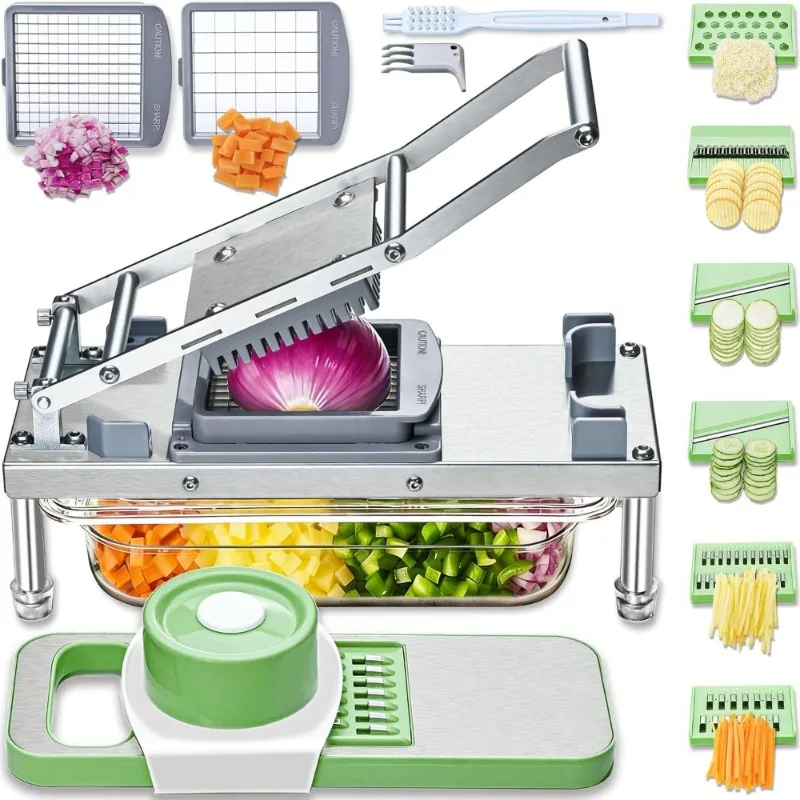 

Veggie Chopper 8 Blades Onion Cutter Container Pro All in One Food Dicer Mandoline Slicer Stainless Steel Salad Grater