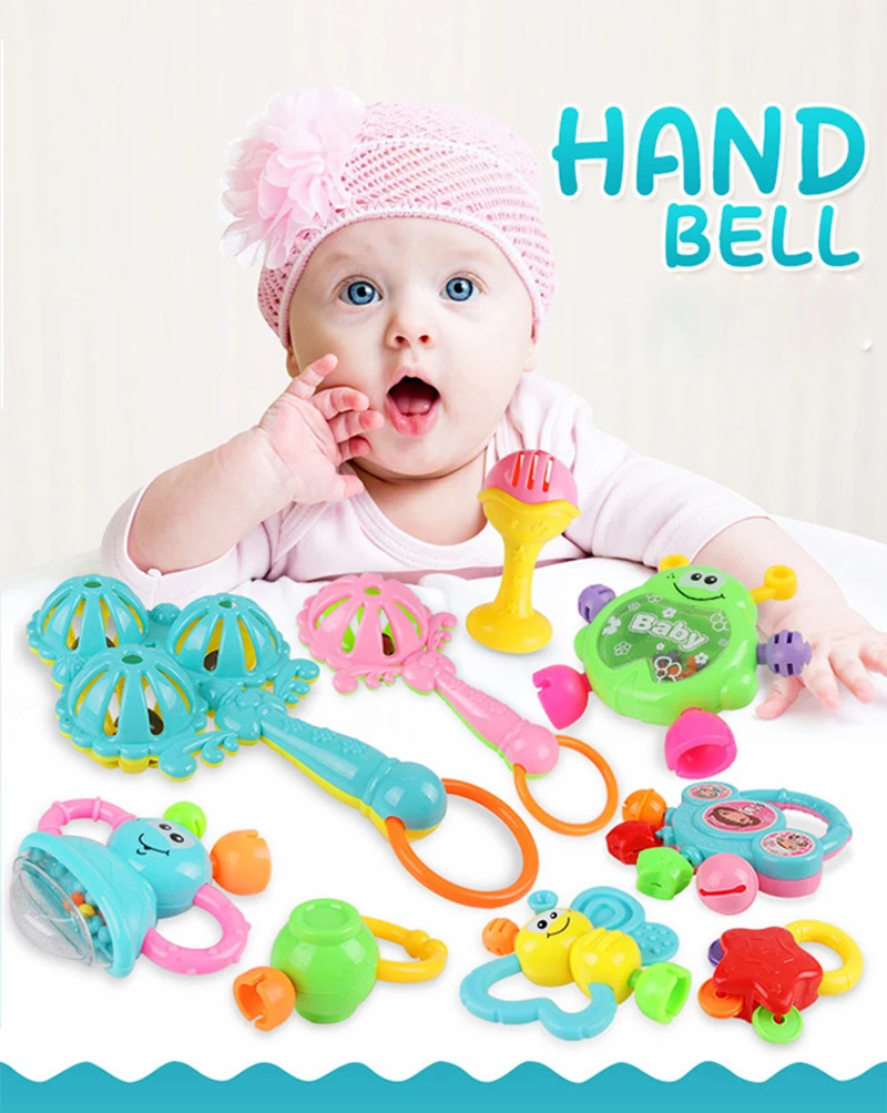 6Pcs Baby Rattle 0-12 Months Newborn Soft Bell Teethers Hand Shaking Crib Mobile Ring Educational Toy For Children Set Gifts