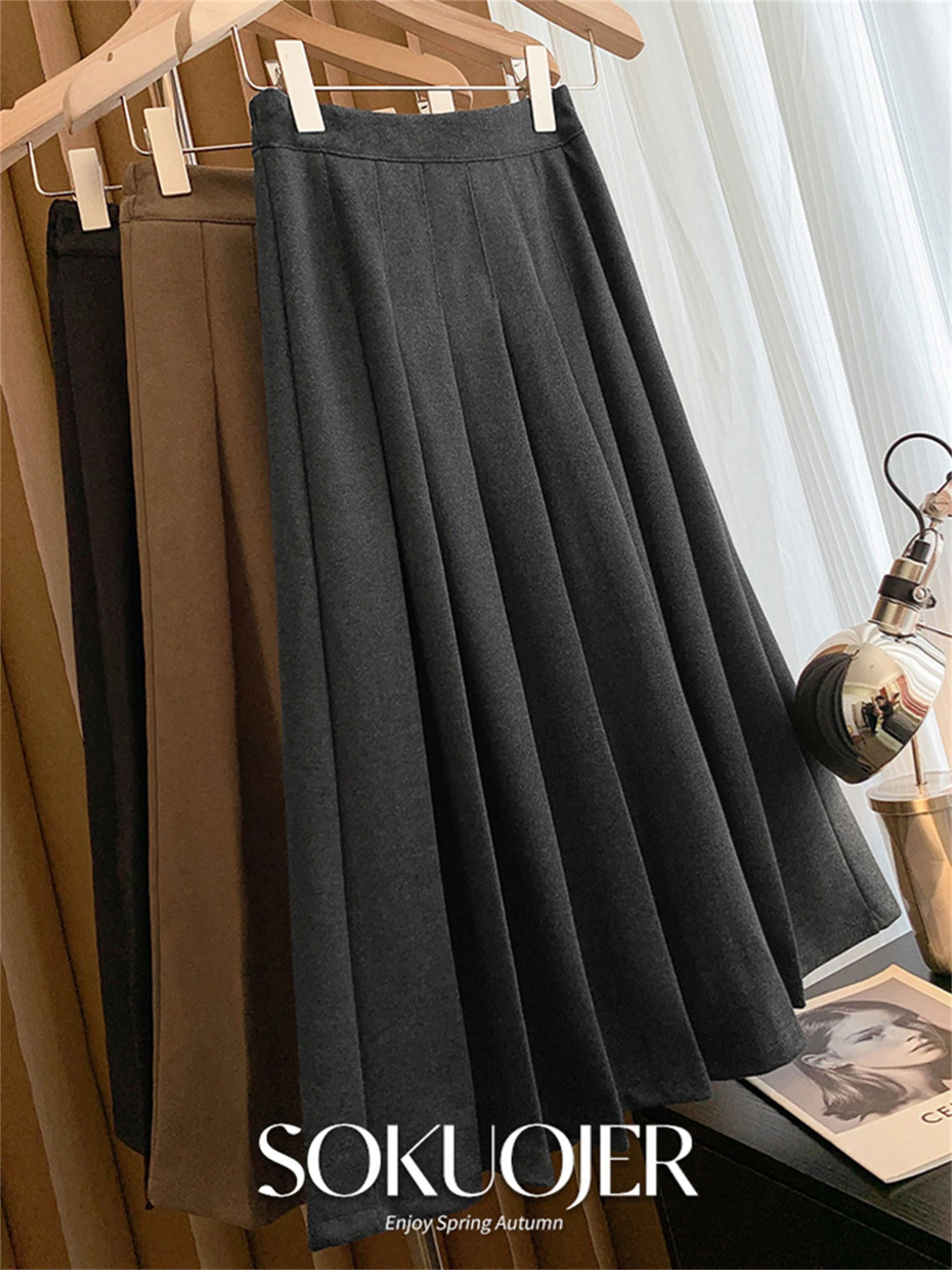 plus Size Grey Woolen Skirt Women's Thick High Waist A-Line Pleated  Midi Slimming Umbrella Skirt Casual Style