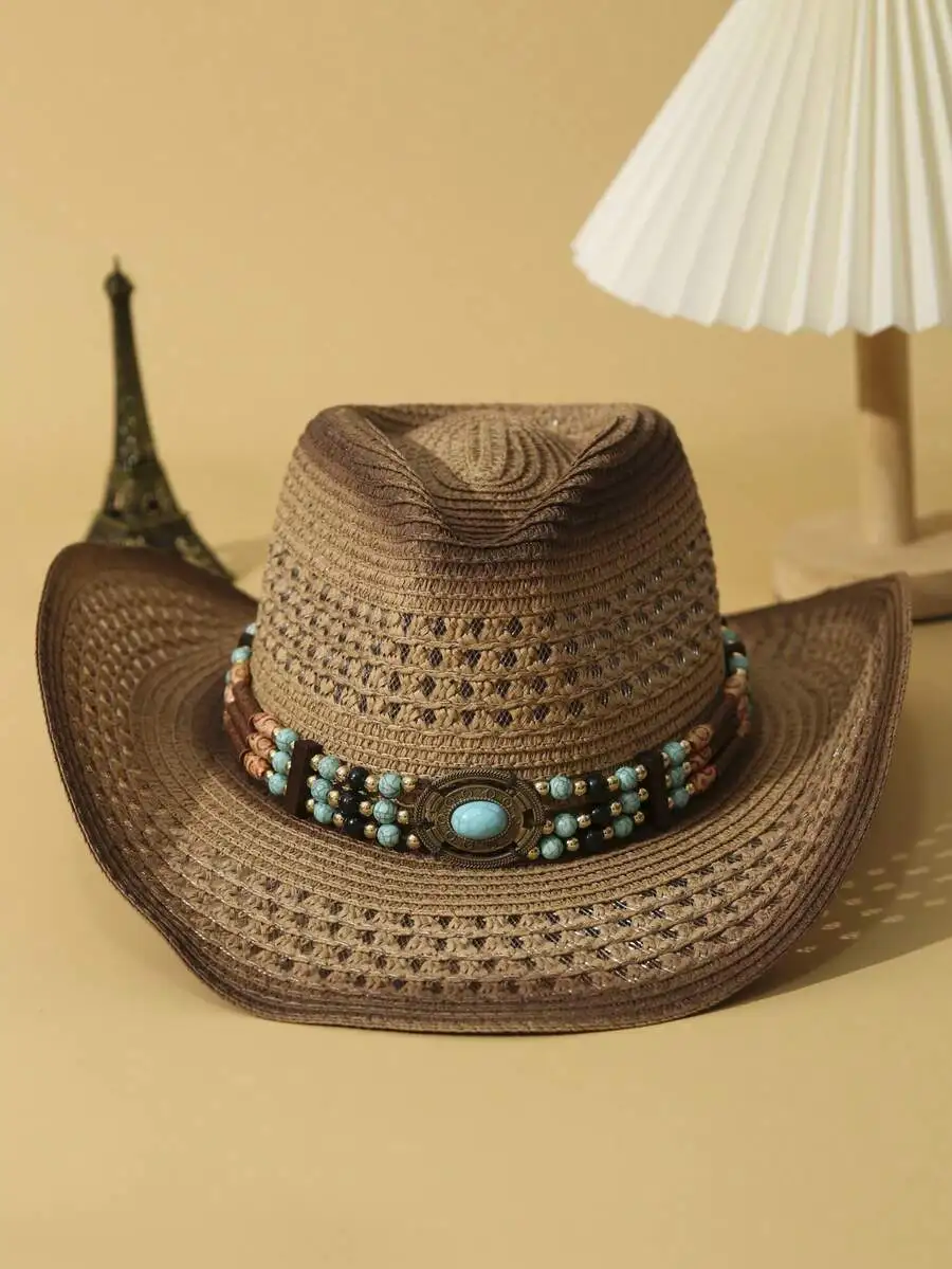 1Pc Unisex Turquoise Stone Decor Dyeing Printed Summer Travel Shade Wide Brim Cowgirl Hat Handwoven Breathable Adjustable Chin