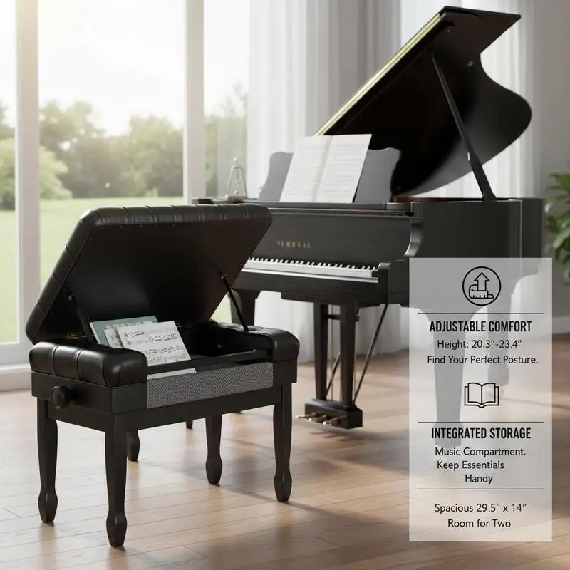 Duet Keyboard Bench 29.5" x 14" x 20.3" For Music Studio Home Practice Performance Room, Adjustable Height Padded Cushion Music Book Storage Compartment Wooden Furniture Seat Bedroom Vanity Use view 5