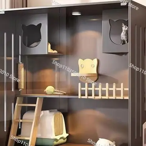 Modern Retro Solid Wood Cat Villa, Light Luxury Two-Layer One-Piece Movable Cat Cage Cabinet for Living Room