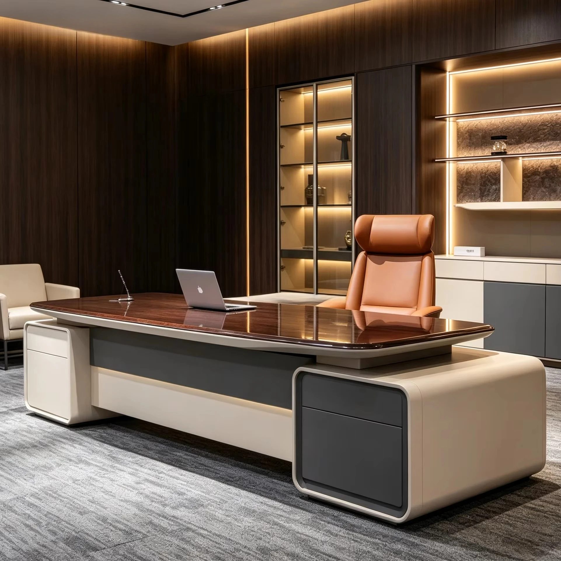 #`Floating Executive Desk Futuristic Integrated CEO Workstation with Storage Wall