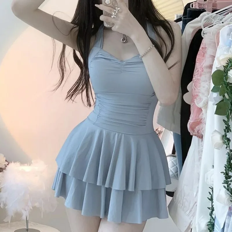 Women's Sexy Lace-up Ruffle One Piece Swimsuit Elegant Sweet V Neck Sleeveless Swimwear Fairy Solid Slim Vacation Beach Dresses