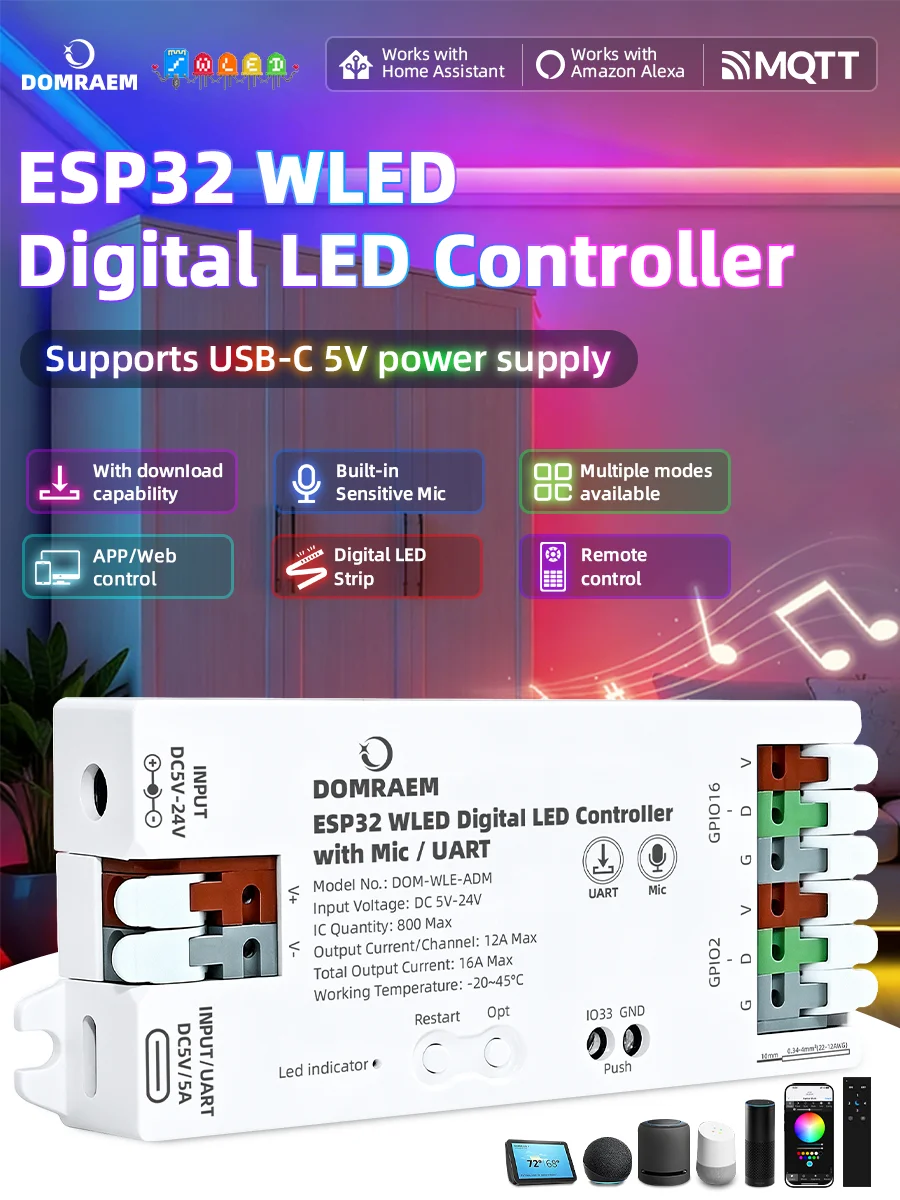 DOMRAEM ESP32 WLED Digitaler LED-Controller mit empfindlichem Mikrofon, UART, Ein-Klick-Download, Pegelwandler, 2-Kanal, 16A-Sicherungsrelais, USB-C-Anschluss, kompatibel mit WS2811, WS2812B, WS2813,