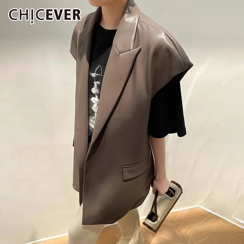 

CHICEVER PU Leather Vest Coat For Woen Lapel Sleeveless Spliced Lace Up Temperament Fashion Jacket Female Summer Clothes Style