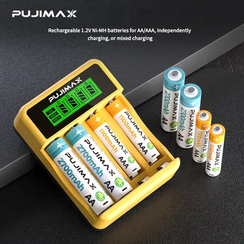 PUJIMAX 4 ช่องจอแสดงผล LCD เครื่องชาร์จแบตเตอรี่อัจฉริยะรองรับ 1.2V AA/AAA NiCd NiMh แบตเตอรี่ชาร์จ USB-C Powered
