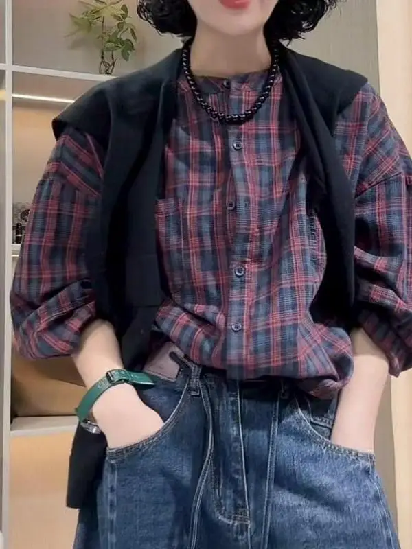 

Женская хлопковая рубашка свободного кроя с длинным рукавом, повседневная, винтажная, в клетку, весенняя, новый стиль, оригинальный дизайн, модная женская рубашка
