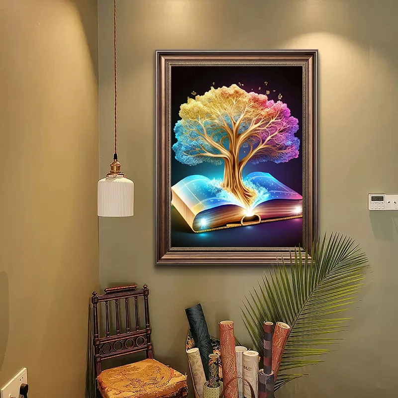 Pintura de árbol bordada con diamantes 5D, paisaje DIY, libro de mosaico redondo cuadrado completo, pasatiempos creativos, decoración de pared